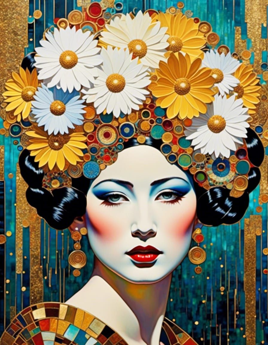 Geisha with Daisies Crown in Neo-Impressionistic Style