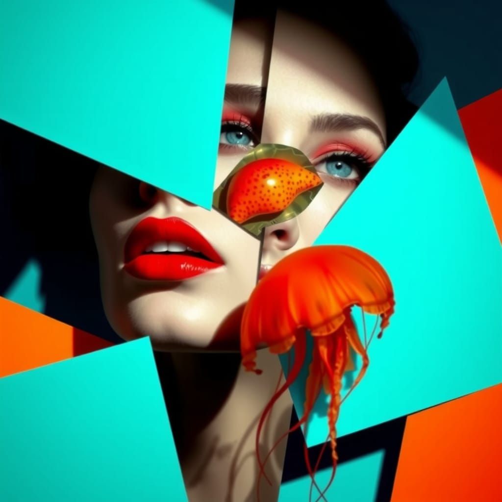 Fragmented Woman's Face in Surreal Geometric Style