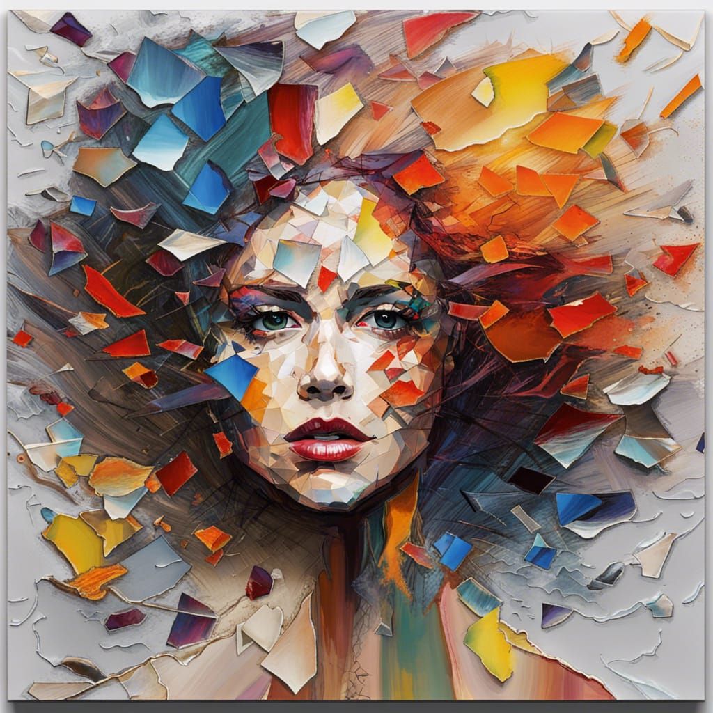Abstract Impasto Portrait with Broken Glass Shards