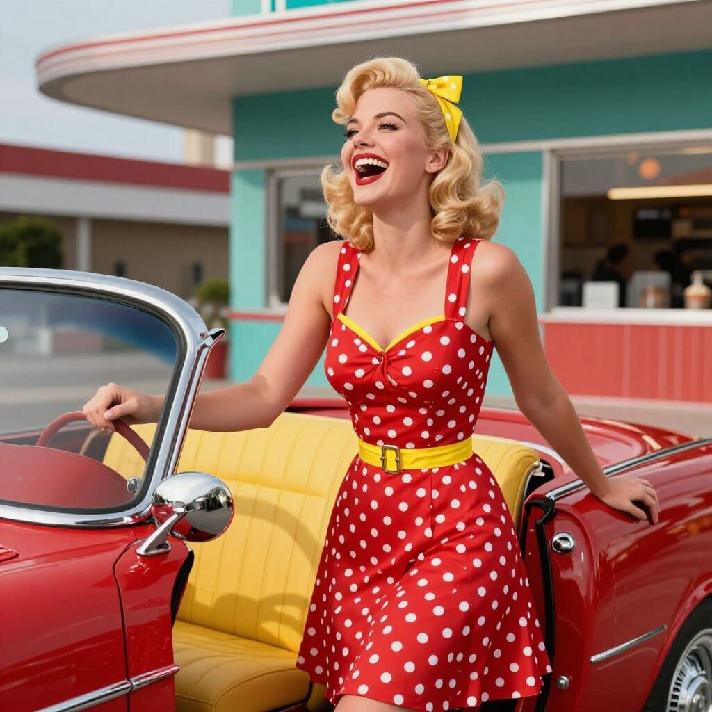 1950s Pin-Up Girl Poses With Red Convertible
