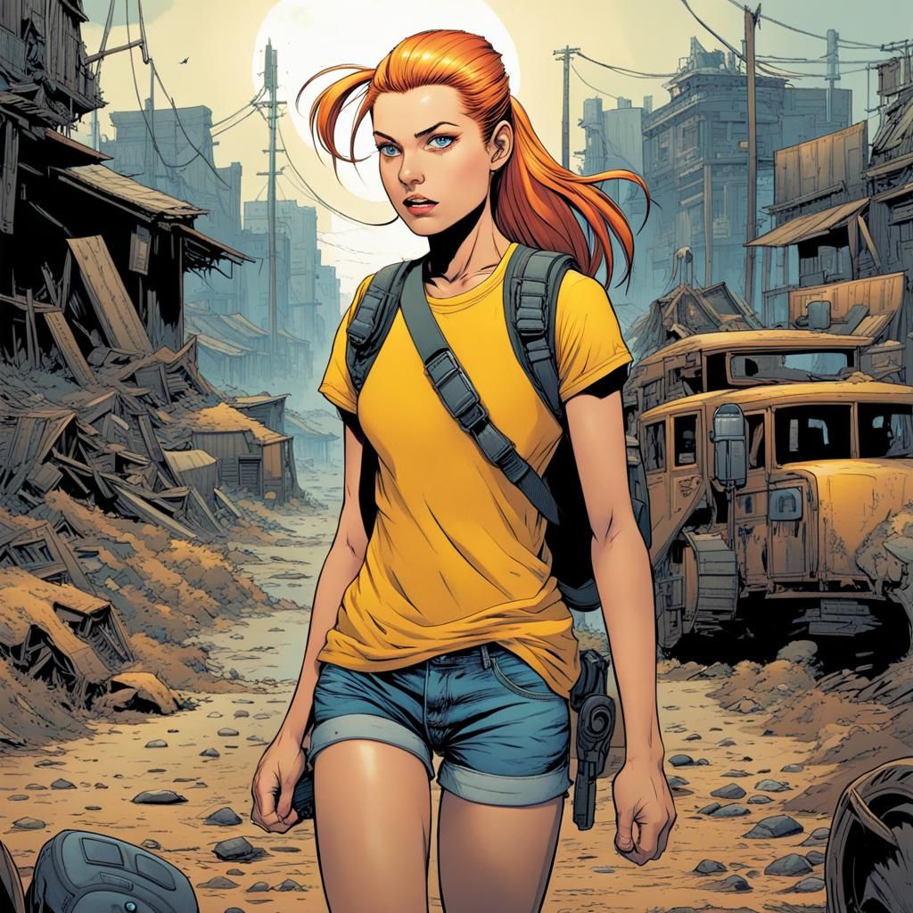 Post-Apocalyptic Comic Book Woman with Orange Ponytail