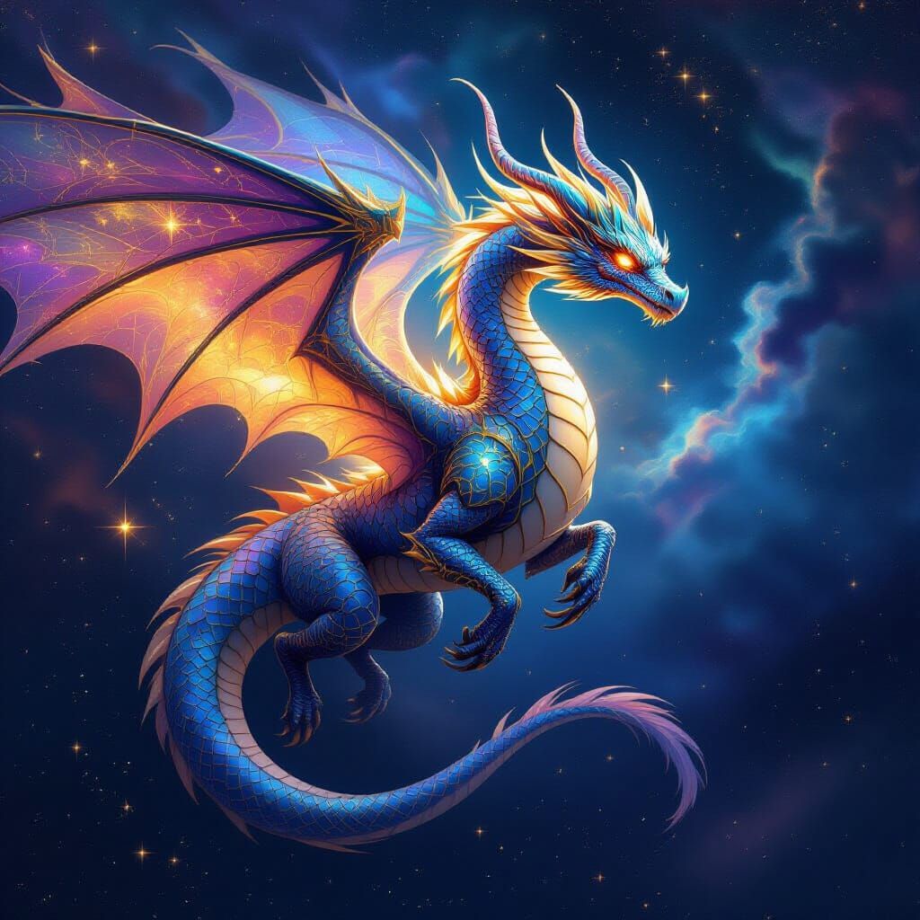 Celestial Dragon Descends from Nebula in Art Nouveau Style