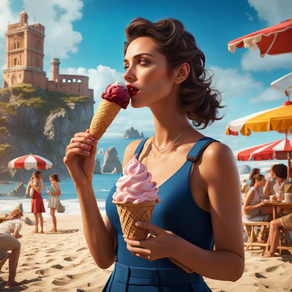 Girl Enjoys Ice Cream on Italian Beach