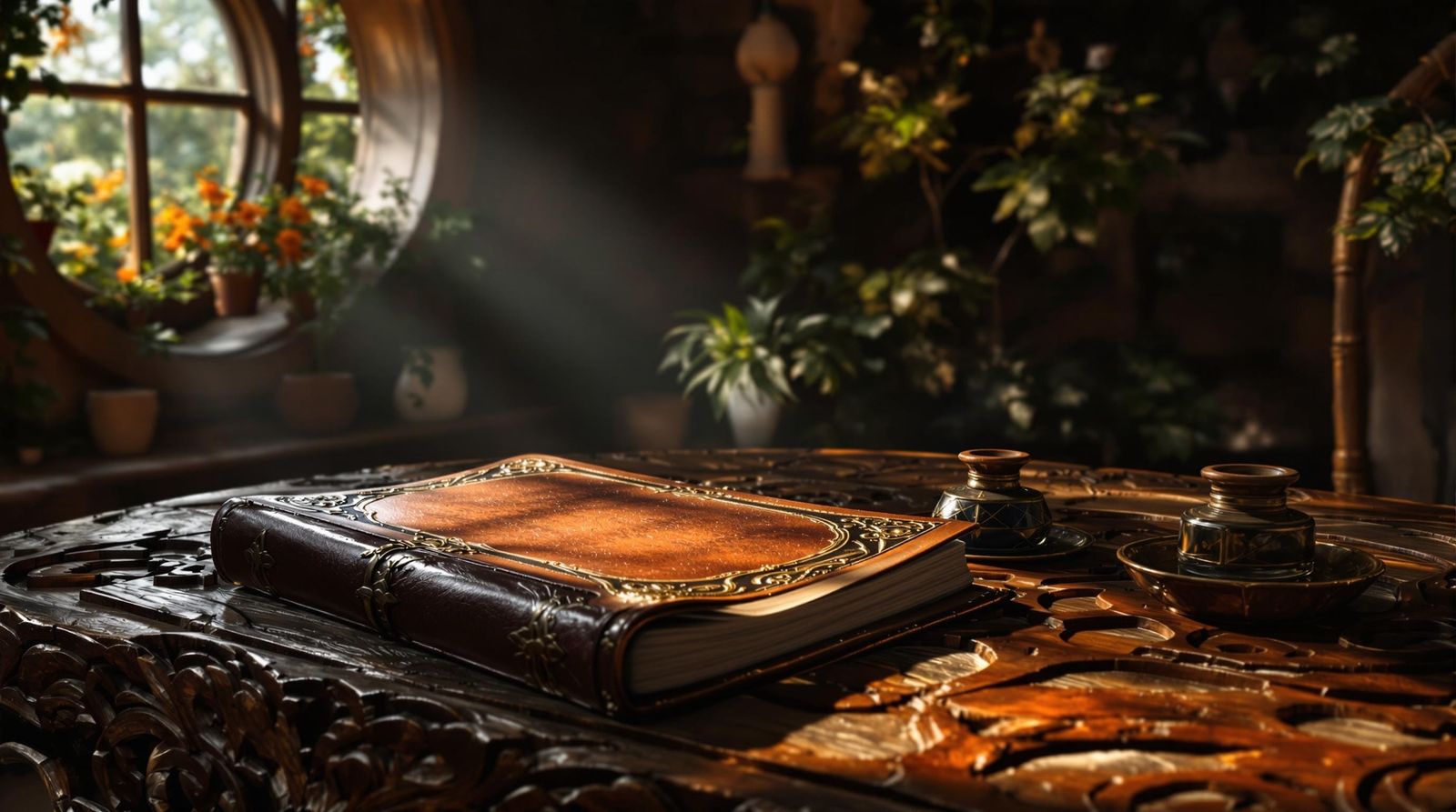Antique Leather Journal on Rustic Wooden Table in Soft Chiar...