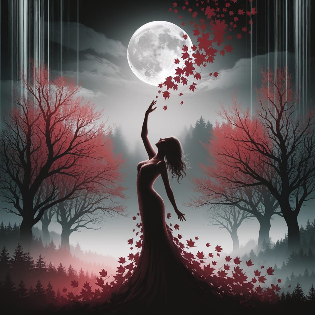 Ethereal Woman Silhouette in Mystical Autumn Forest