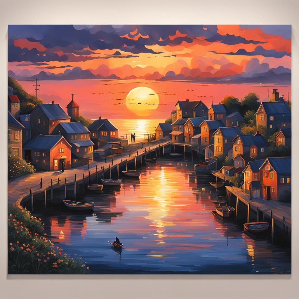 Seaside Village at Sunset: A Tranquil Evening Scene