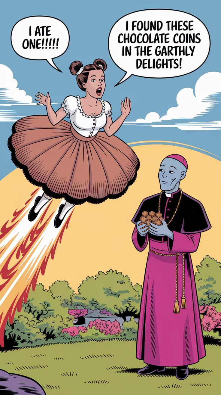 Woman Propelled by Flames Meets Alien with Gold Coins