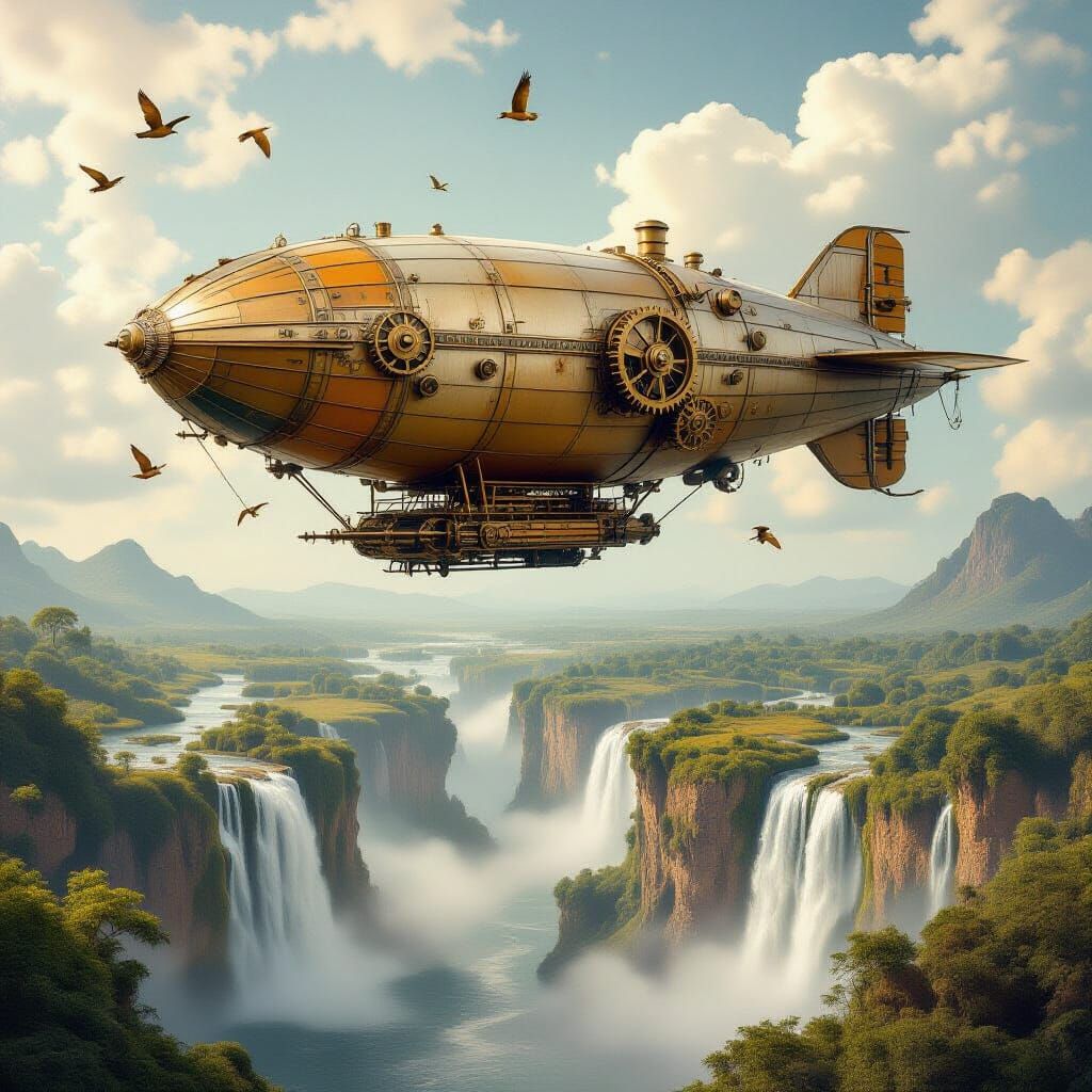 Majestic Airship Over Natural Landscape in Vintage Photo Sty...