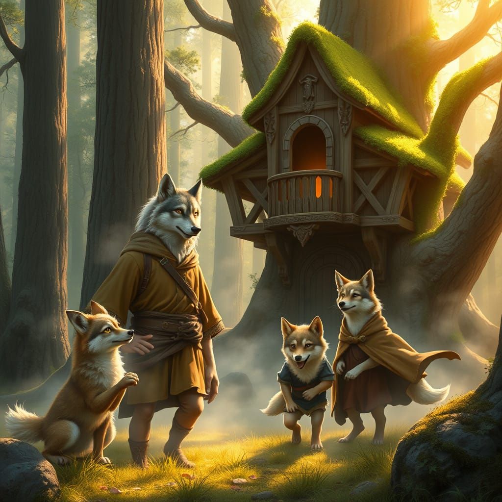 Whimsical Family of Wolf-Humans in Enchanted Forest
