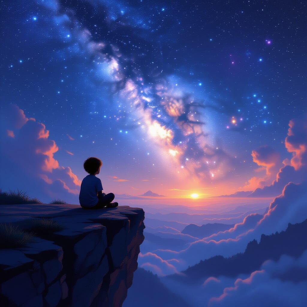 A solitary child sits on a cliff edge, gazing at a nebula-fi...