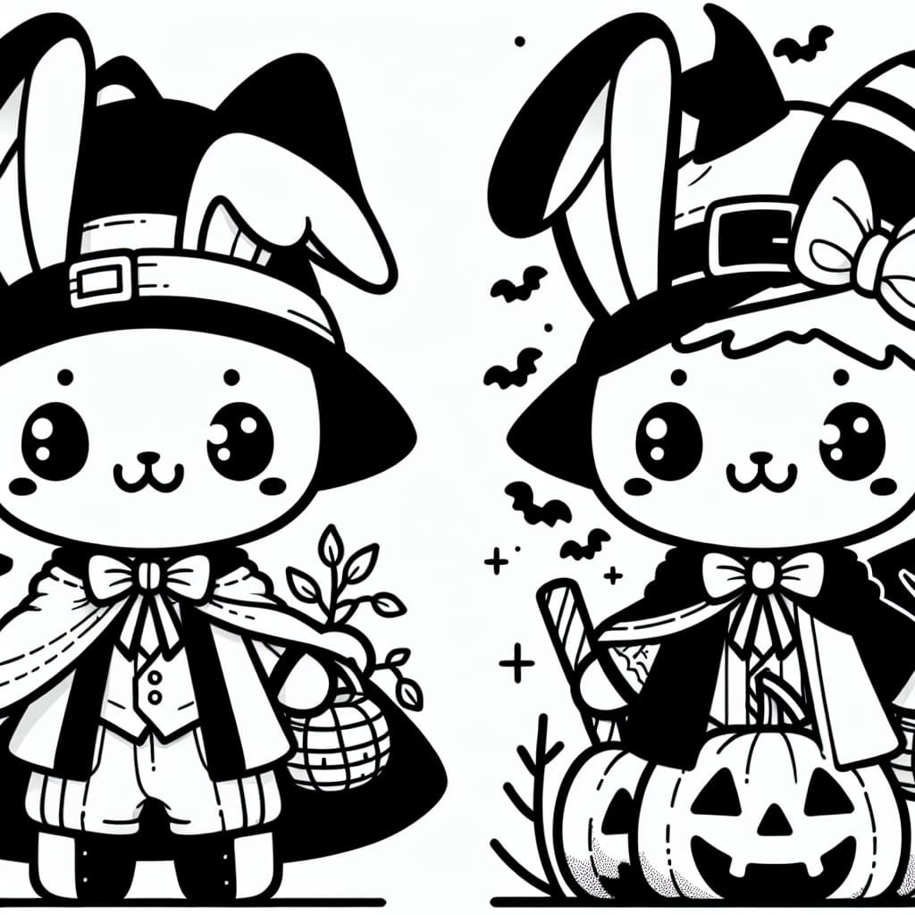 Halloween Bunny in Anime Style: Monochrome Line Art
