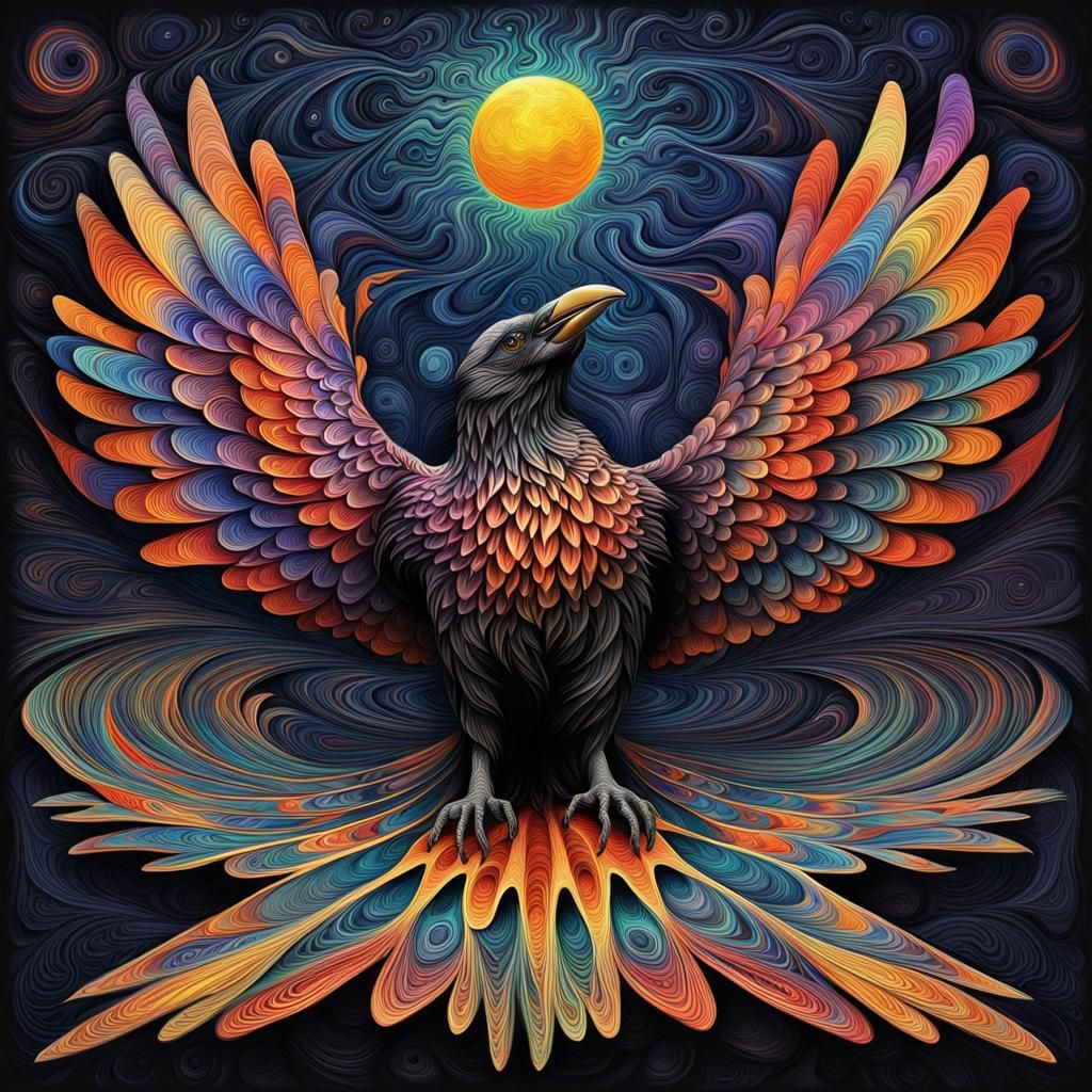 Raven Eating Sun with Abstract Fractal Background