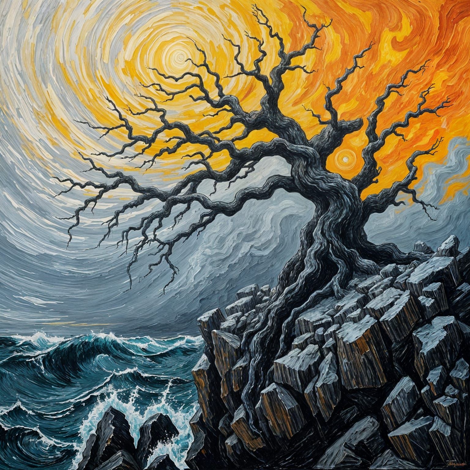Gnarled Tree on Rocky Cliff in Vibrant Oil Painting