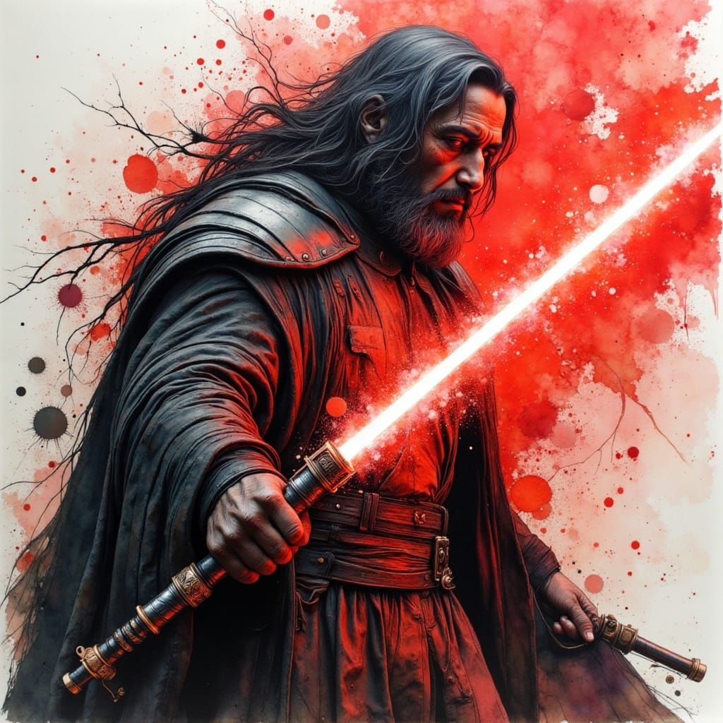 Savage Opress Wields Lightsaber in Chaotic Ink Drawing