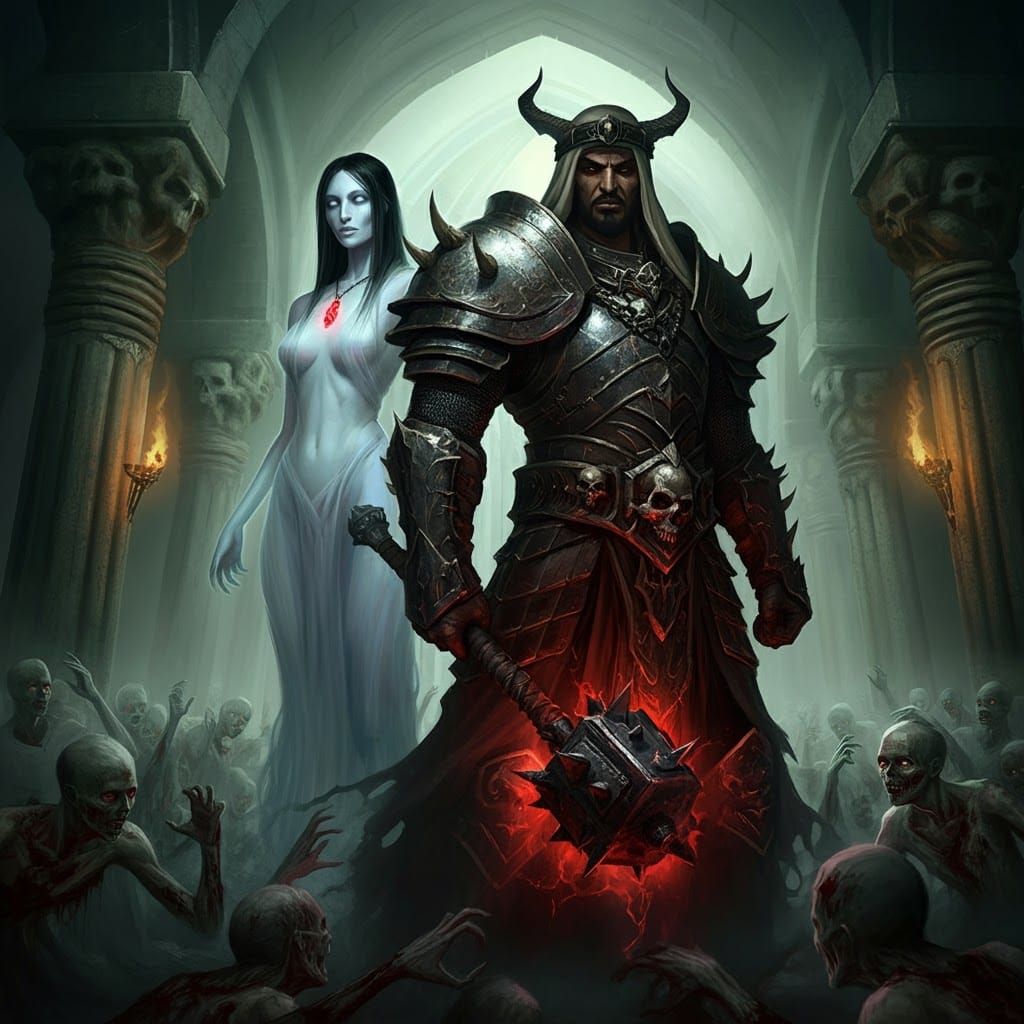 Ethereal Woman and Armored Warrior in Dark Chapel