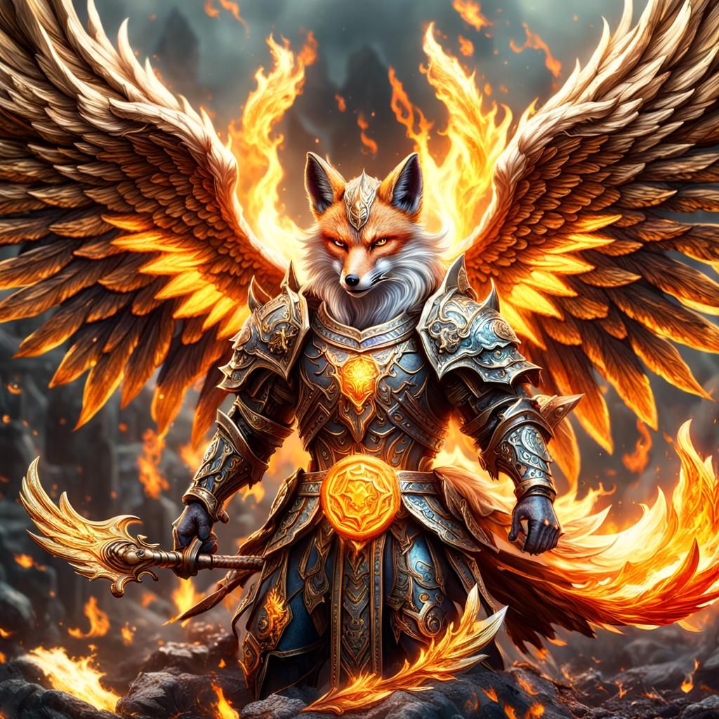 Winged Fox in Flames: Detailed Digital Painting