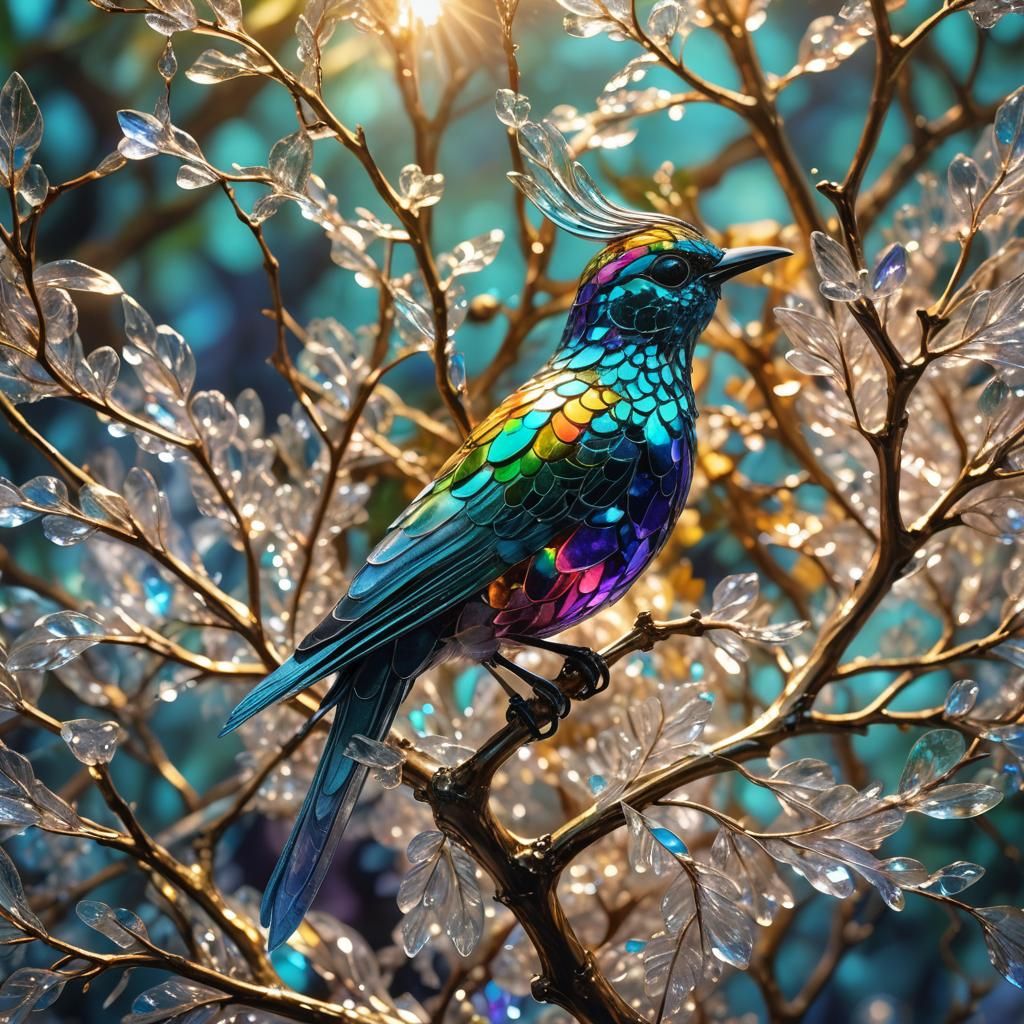 Flawless Bird on Crystal Branch in Surrealist Style