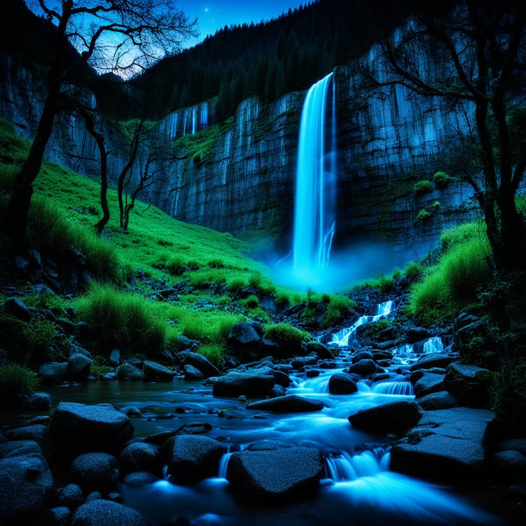 Bioluminescent Mountain Landscape at Night