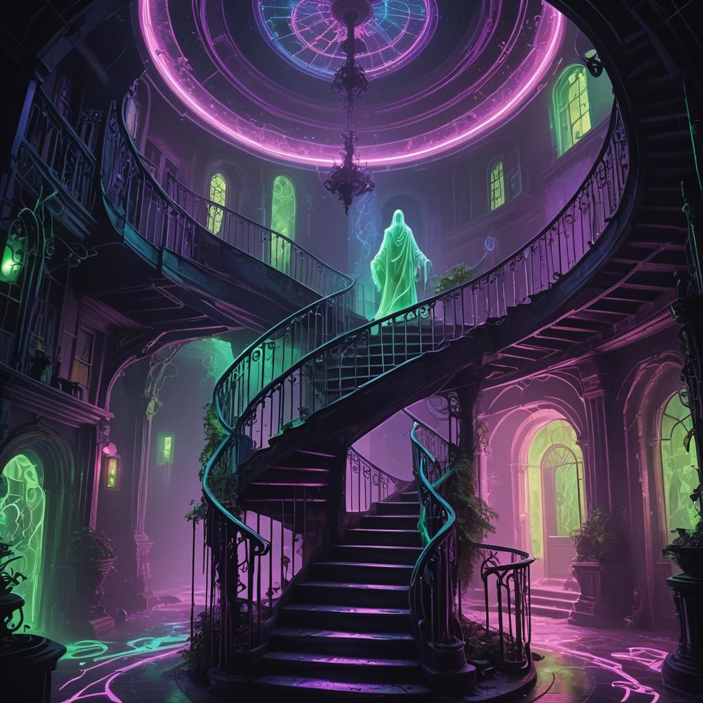 Neon Ghost in Haunted Galaxy Mansion: Surreal Concept Art