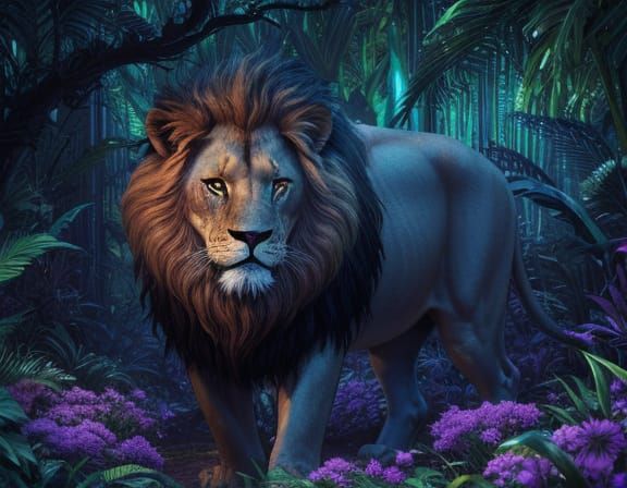 Surreal Lion with Clock Face Head in Abstract Jungle