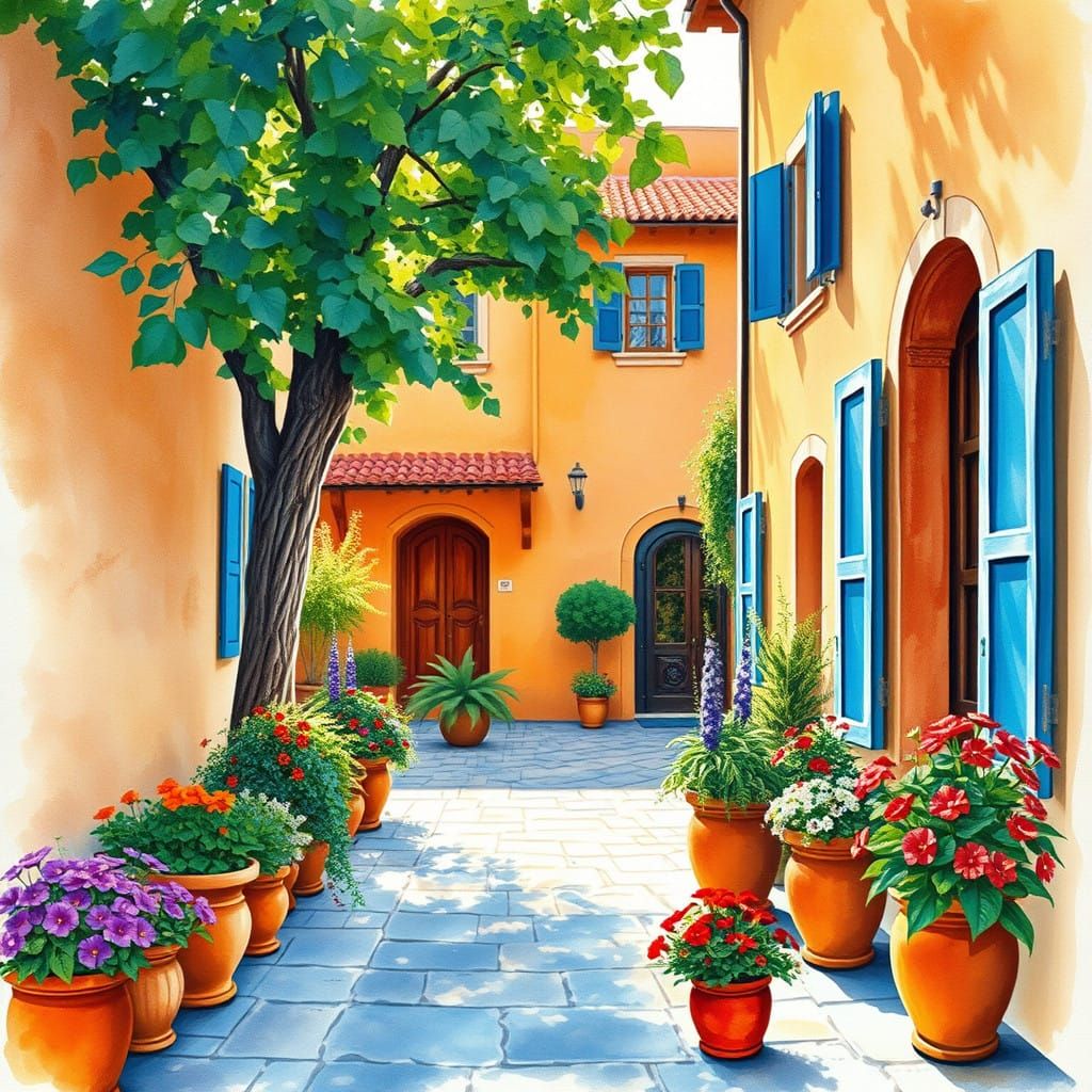 Idyllic Mediterranean Courtyard in Watercolor Style