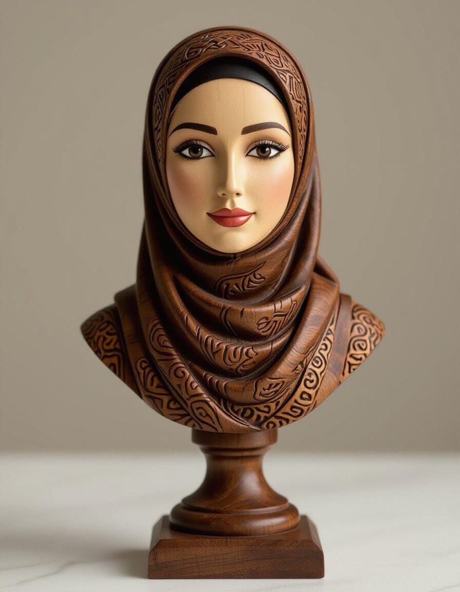 Elegant Wooden Bust of a Hijabi Woman