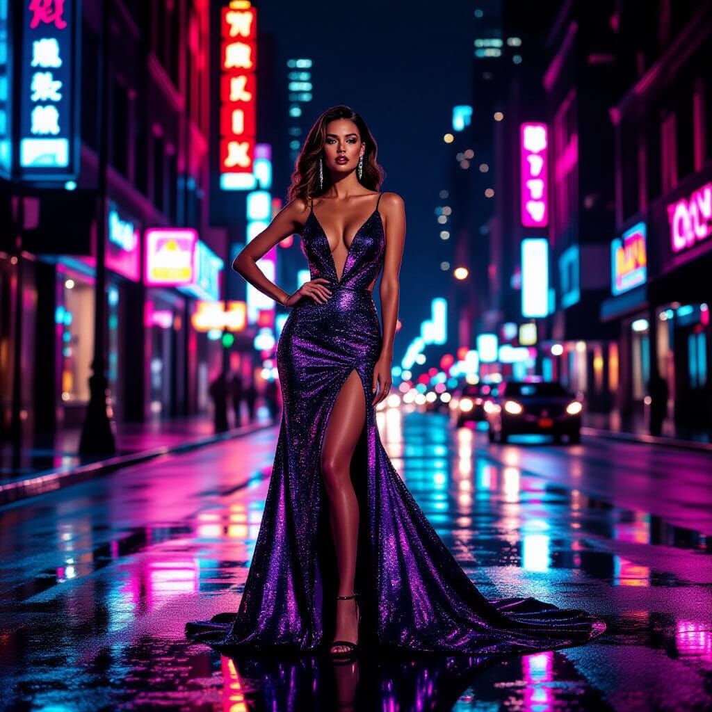 Glamorous Supermodel in Neon City at Midnight