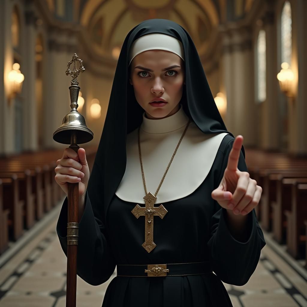 Stern Nun Points Finger in Baroque Church