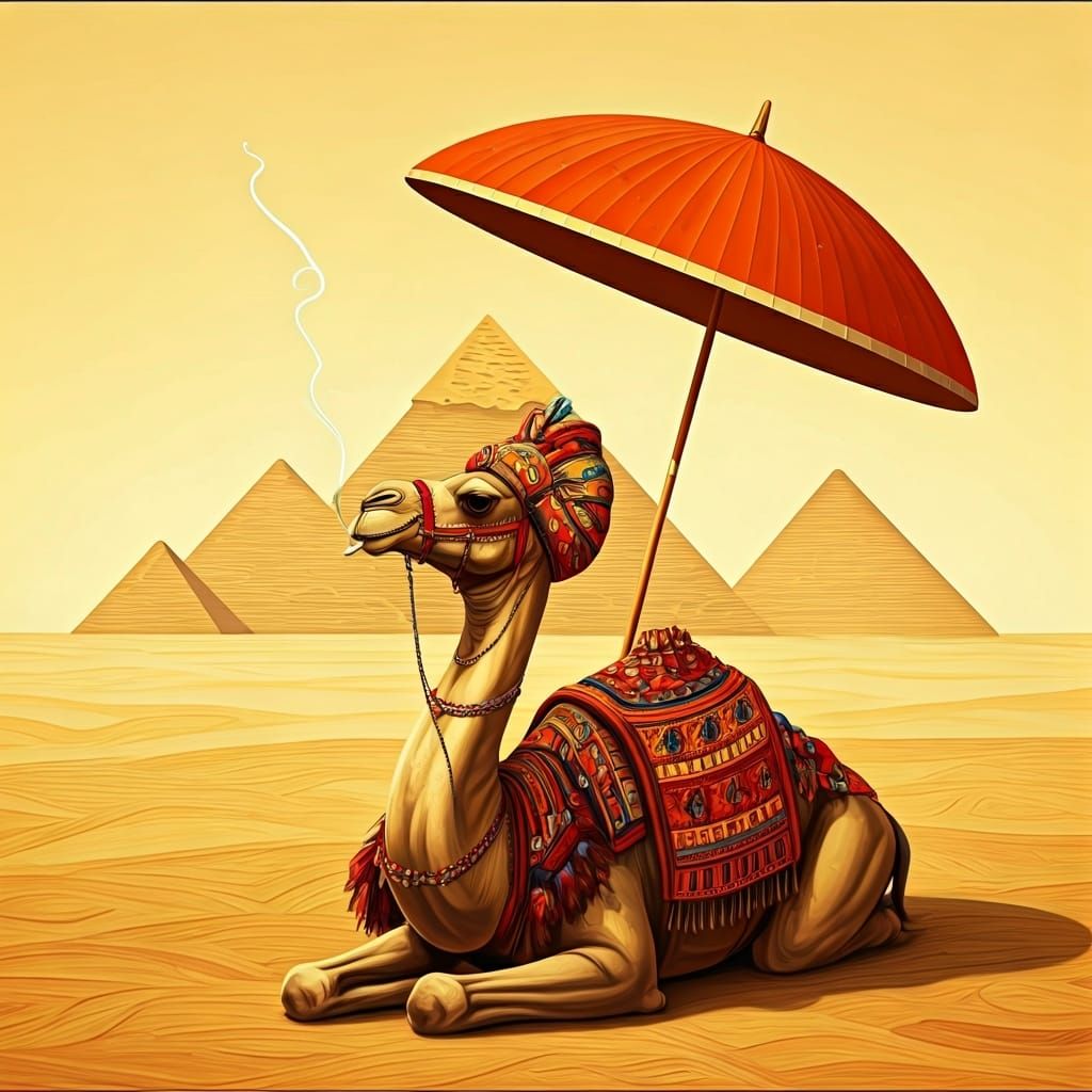Camel Smokes at Pyramids in Erte Art Deco Style