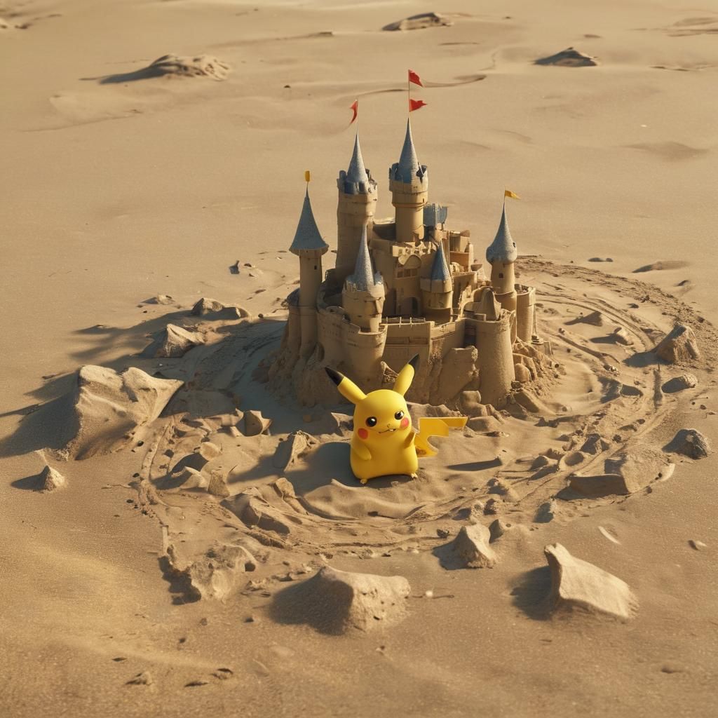 Pikachu Builds Sandcastle: 3D Anime Concept Art