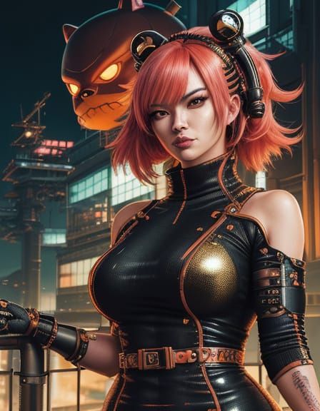 Cyberpunk Anime Portrait with Orange Kawaii-Style Sweater Dr...