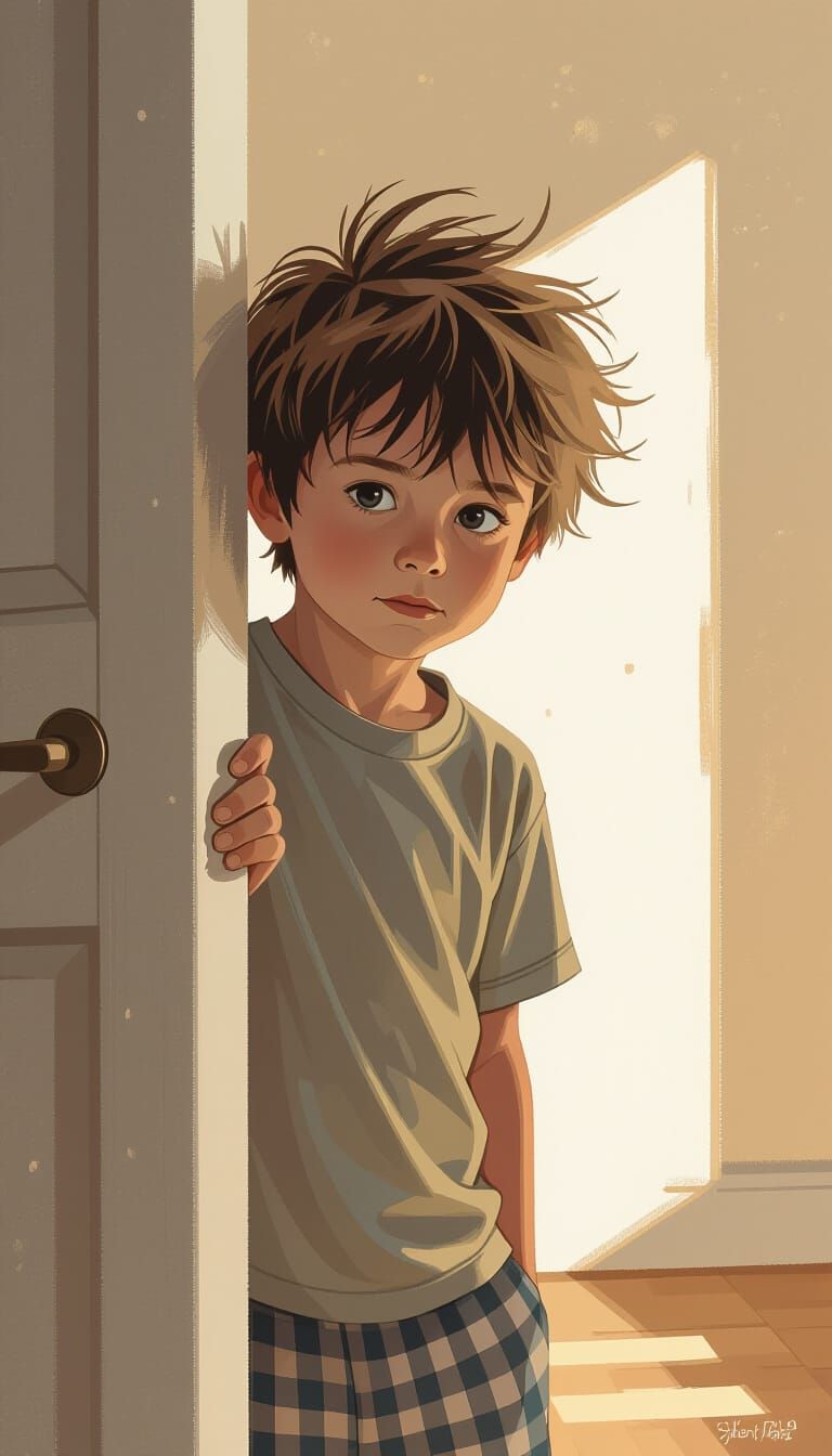 Boy in Doorway, Matte Painting Style