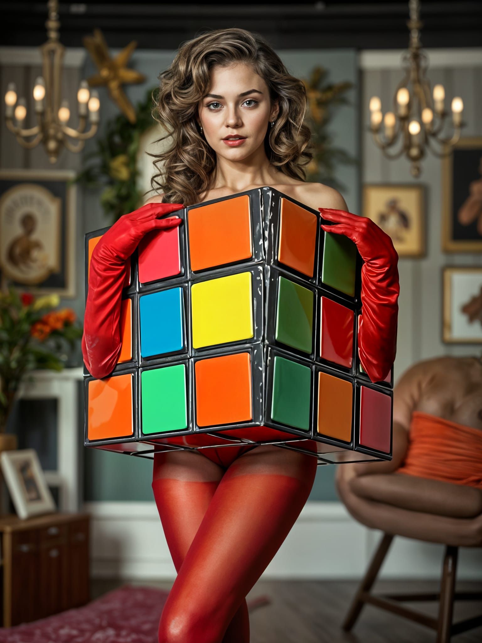Elegant Woman in Giant Rubics Cube Costume