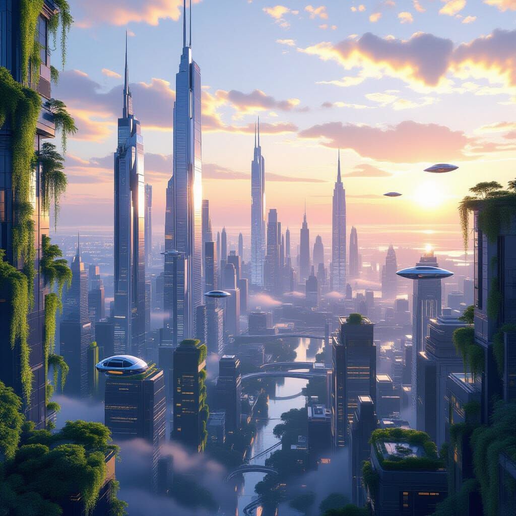 Utopia City at Dawn: Serene Futuristic Digital Painting