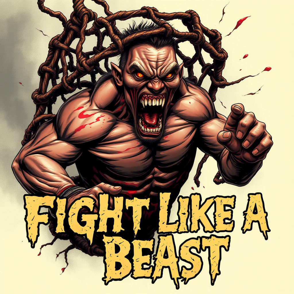 Muscular Figure Roaring in Cage: Dark Fantasy Illustration