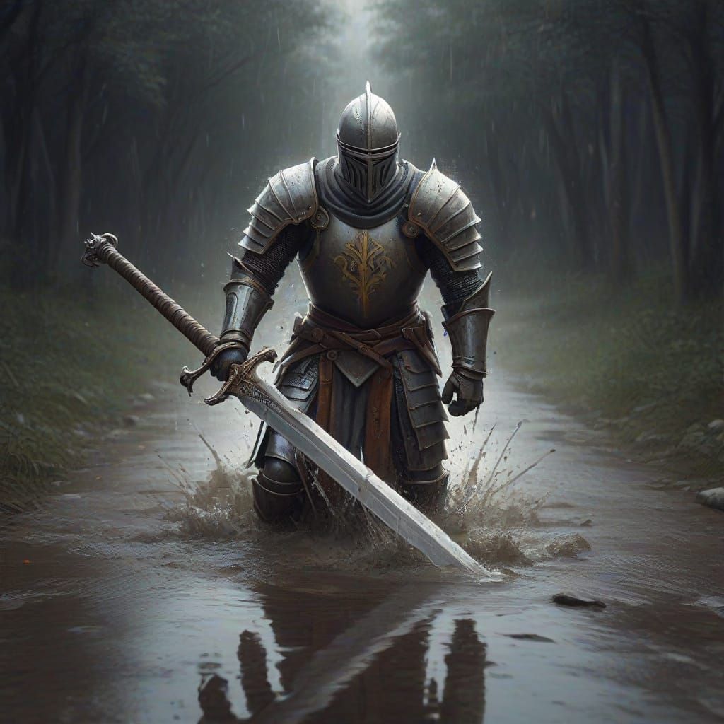 Knight's Comical Fall: Oversized Sword Mishap