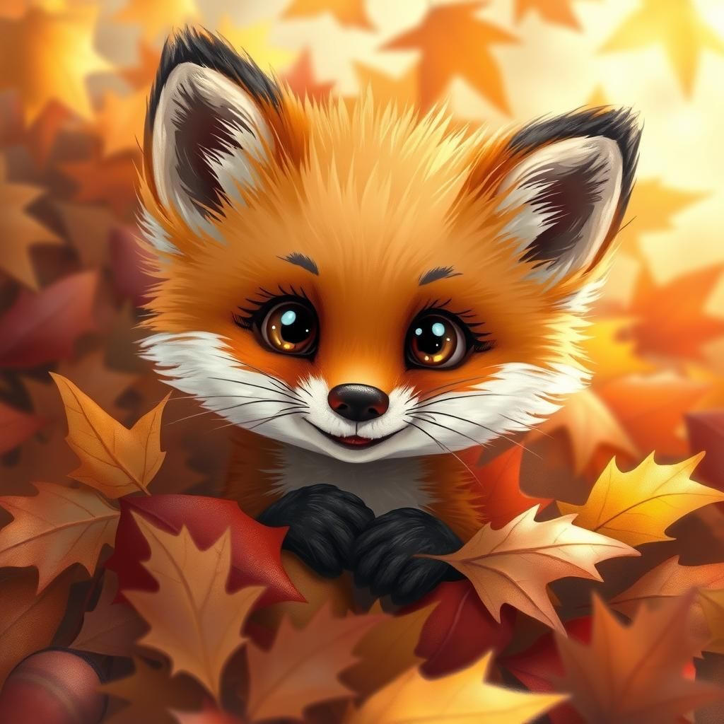 Adorable Fox Cub in Autumn Leaves