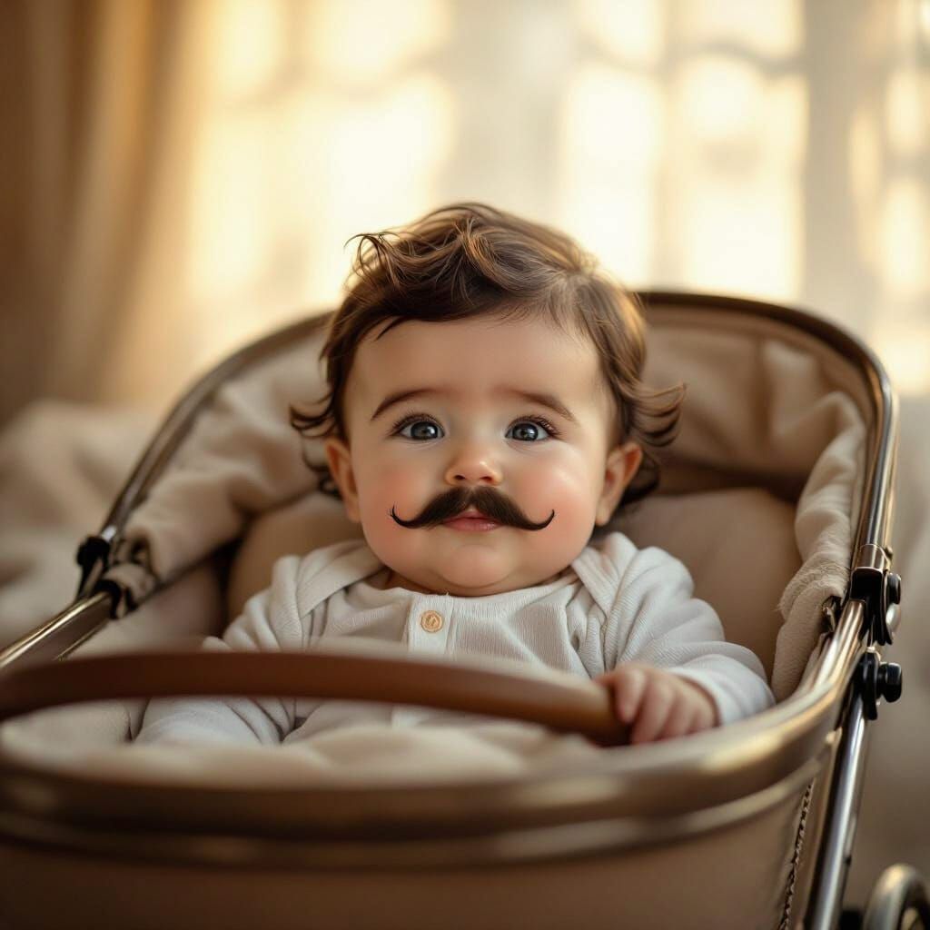 Baby Tom Selleck with Mustache in Vintage Pram