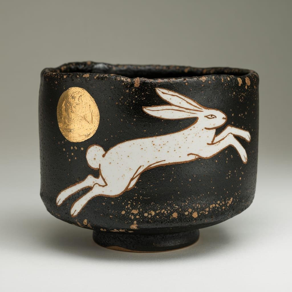 Minimalist Japanese Raku Tea Bowl with White Hare and Gold M...