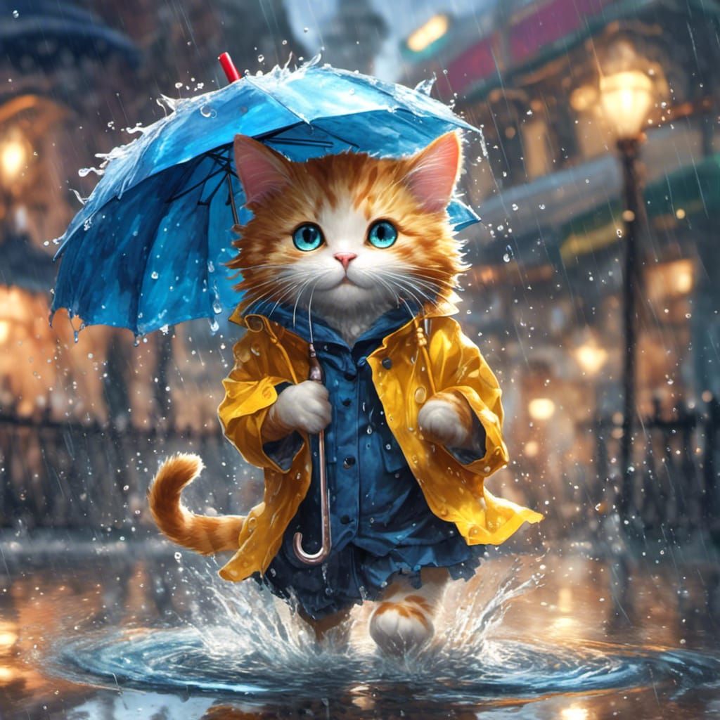 Anime Cat in Raincoat Splashing in Puddle