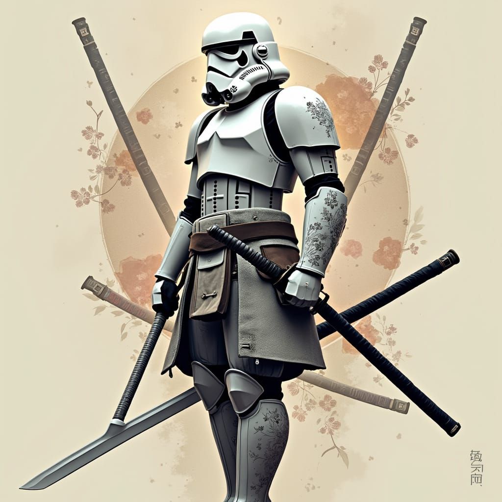 Samurai Warrior with Stormtrooper Helmet in Futuristic Style