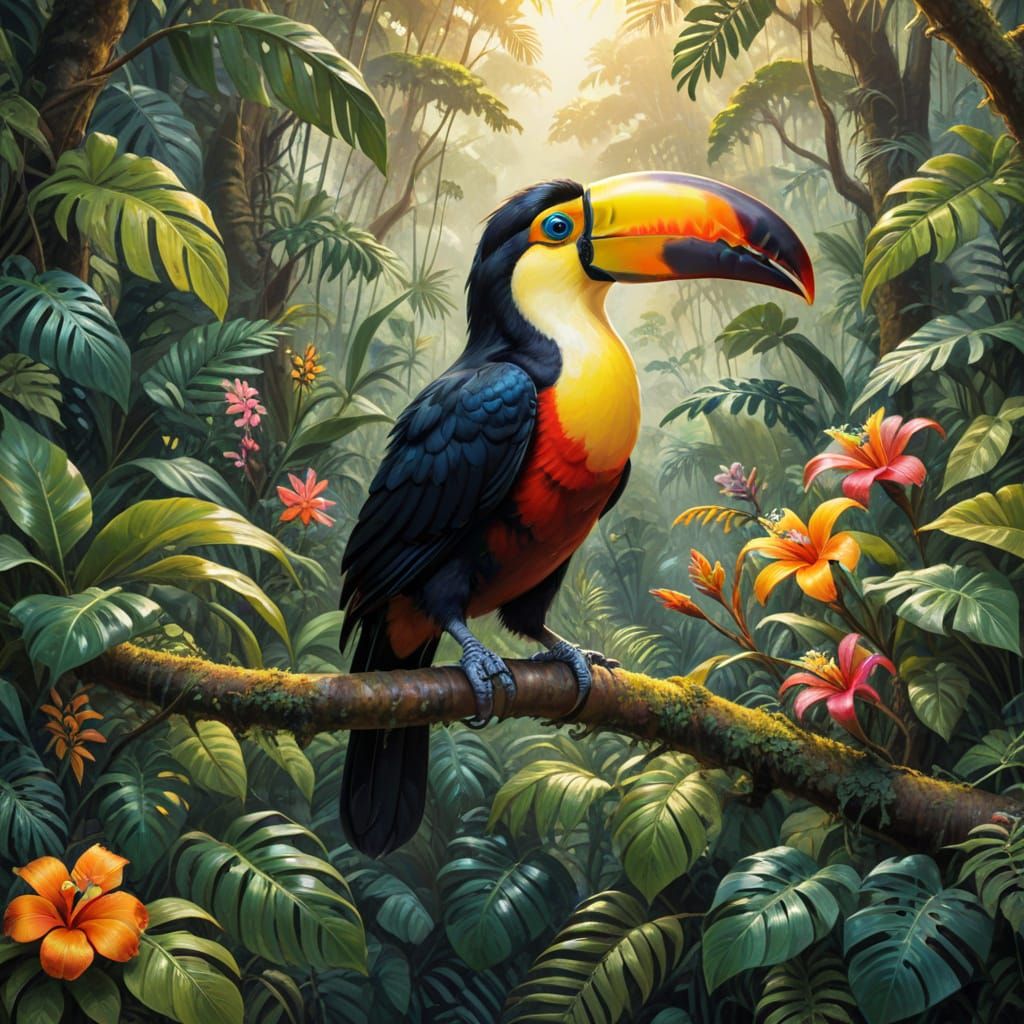 Vibrant Toucan in Lush Rainforest Oil Painting
