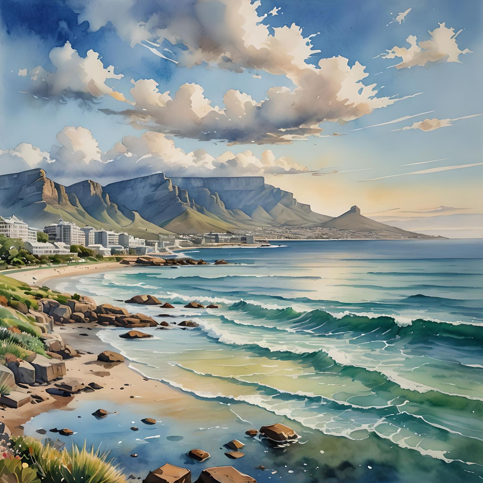 Watercolor Ocean View of Table Mountain