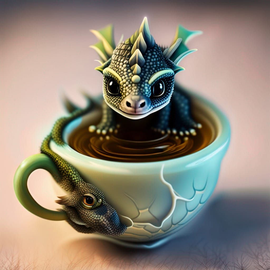 Dragon Hatchling Perched Inside a Tea Cup