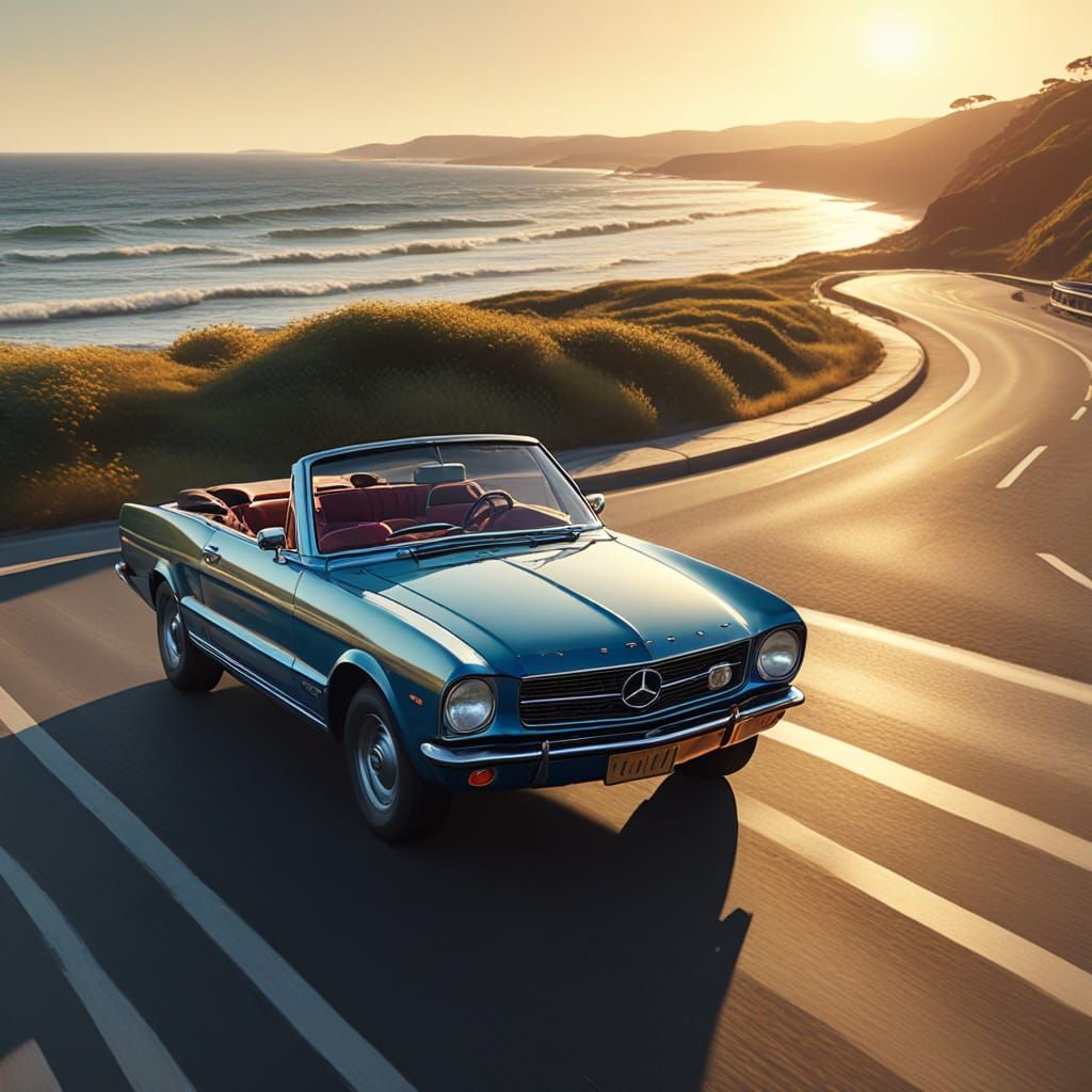 Convertible on Coastal Road in Oil Painting Style