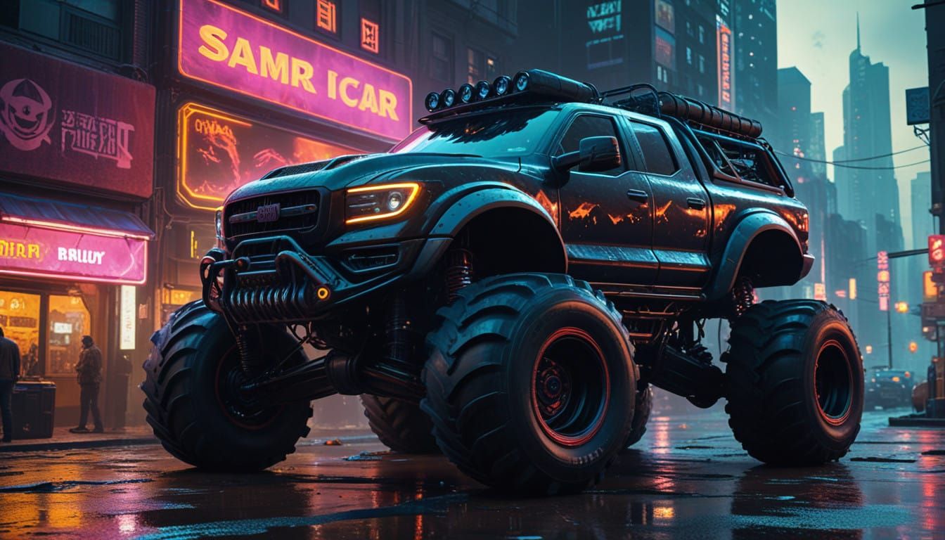 Cyberpunk Alien Monster Truck in a Neon-Lit Cityscape