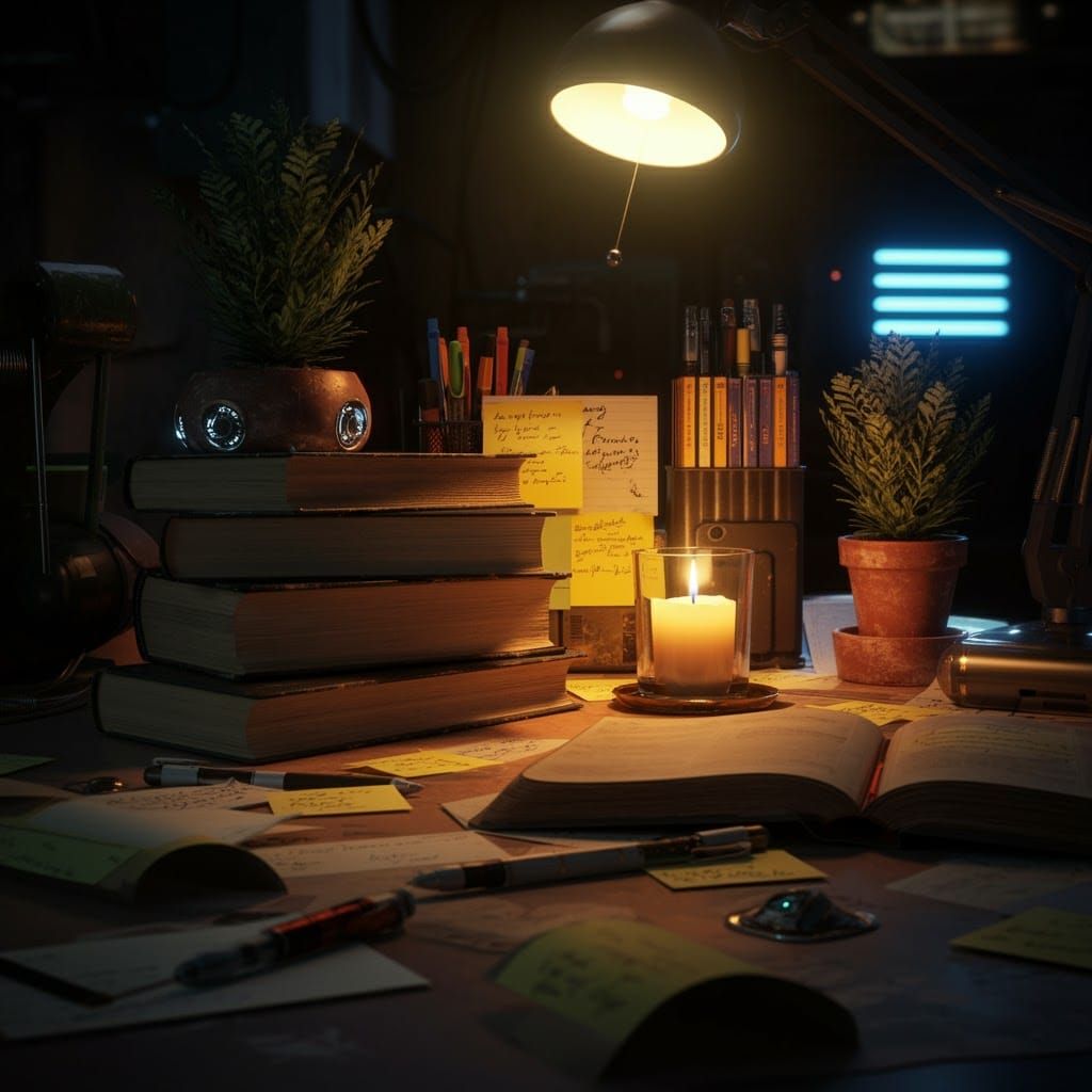 Hyperrealistic Desk Setup with Biology Books and Candle