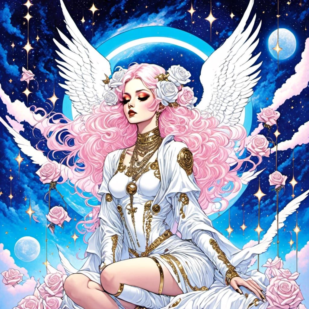 Goth Angel with Space Buns in Cosmic Sky