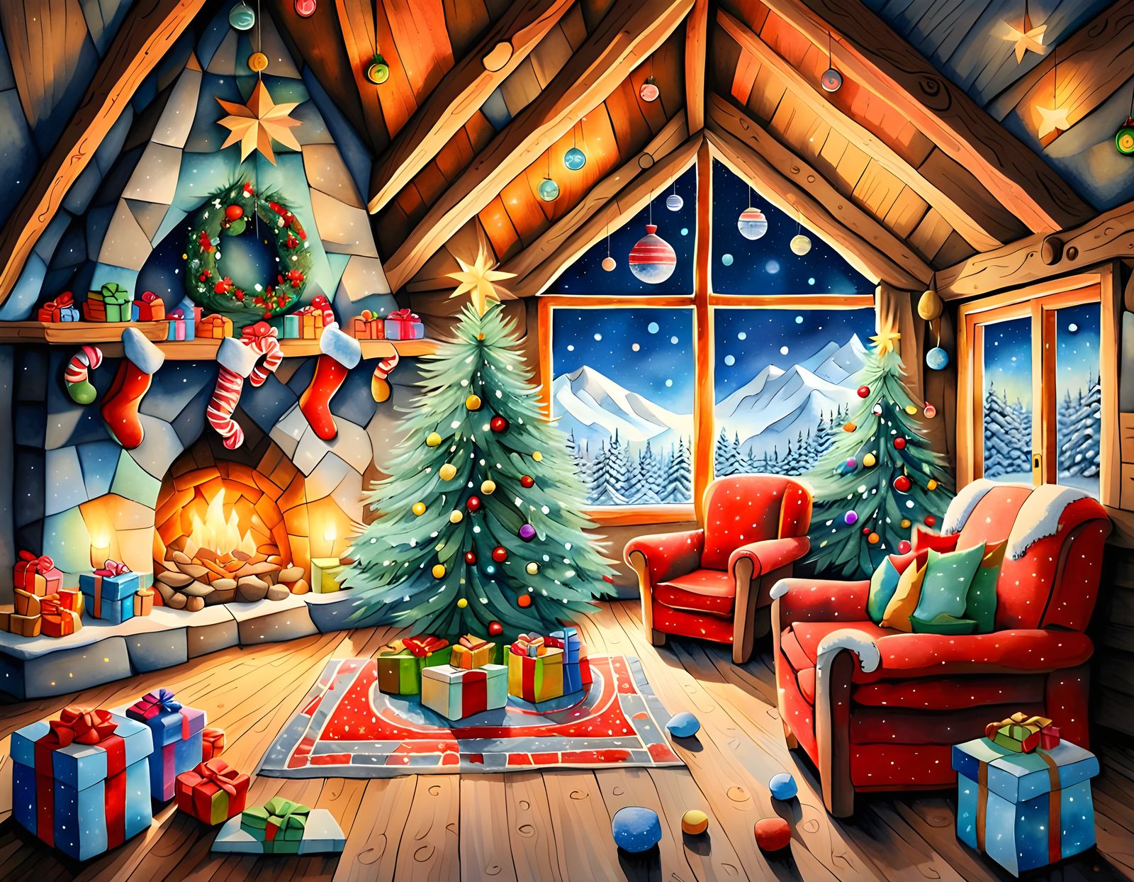 Whimsical Christmas Chalet in Cubist Aquarelle Style