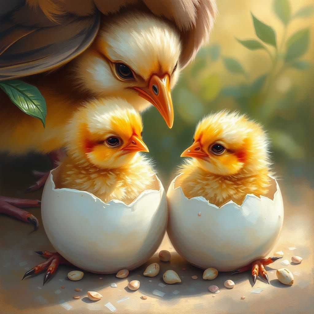 Chicks Hatching: An Impressionist Oil Painting